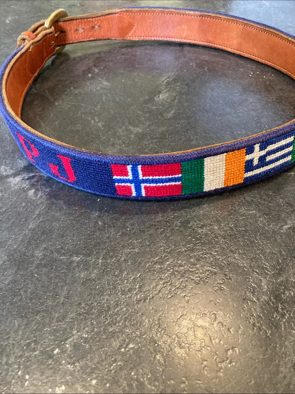 Men Dan Lace PJ Olympic flags needlepoint leather belt size 32